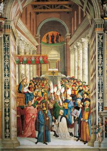 Italien, Siena, katedralen, Piccolomini bibliotek, kröning av påven Pius II, detalj från berättelser om Pius II av Bernardino di Betto Pinturicchio
