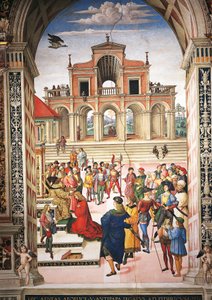 Italien, Siena, katedralen, Piccolomini bibliotek, Enea Silvio Piccolomini görs till poetpristagare av kejsar Fredrik III, detalj från berättelser om Pius II av Bernardino di Betto Pinturicchio