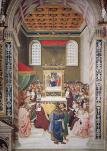 Italien, Siena, katedralen, Piccolomini-biblioteket, Enea Silvio Piccolomini tar emot kardinalhatt från Calixtus III, detalj från Stories of Pius II av Bernardino di Betto Pinturicchio