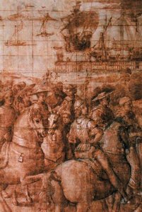 Förberedande tecknad serie för "Aeneas Sylvius Piccolomini (1405-64) Resor till Baselrådet" (penna och bläck på papper) (detalj) av Bernardino di Betto Pinturicchio