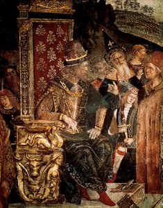Saint Catherine of Alexandrias dispyt med filosofer inför romerske kejsaren Maximian Hercules, detalj av Cesare Borgia