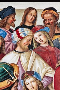 Piccolomini-biblioteket, nordöstra väggen: "Aeneas Sylvius håller en tal inför kung James I av Skottland, vintern 1435" av Bernardino di Betto Pinturicchio