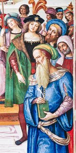 Piccolomini-biblioteket, nordöstra väggen: "Aeneas Sylvius håller en tal inför kung James I av Skottland, vintern 1435" av Bernardino di Betto Pinturicchio