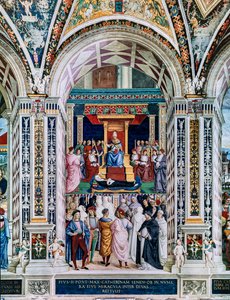 Piccolominibiblioteket, sydvästra väggen: “ Pius II helgonförklarar St. Katarina av Siena, 29 juni av Bernardino di Betto Pinturicchio