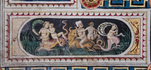 Piccolominibiblioteket, taket: mindre panel med scen av maritima thiasus (tritons, putto och en nereid), fresk av Bernardino di Betto, känd som Pinturicchio. av Bernardino di Betto Pinturicchio