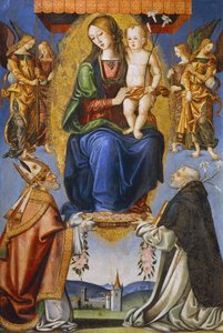 Madonna och barn med St Severino och Dominic (tempera på duk) av Bernardino di Mariotto