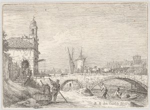 Capriccio med en bro och en portbyggnad i stil med Porta Portello i Padua av Bernardo Bellotto