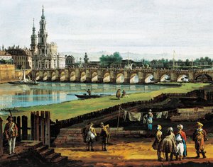 Dresden från Elbes högra strand uppströms från Augustusbron, omkring 1750, av Bernardo Bellotto, känd som Canaletto (1721-1780), olja på duk, 50x84 cm, Detalj av Bernardo Bellotto