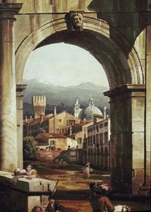 Roman Caprice med dörr och väggar, detalj (olja på duk av Bernardo Bellotto