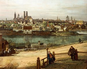 Utsikt över München från Haidhausen med floden Isar i centrum, detalj av Bernardo Bellotto