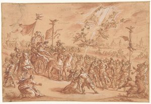 En helig biskop knäböjer vid sidan av processionen av en romersk imperator av Bernardo Castello (attributed to)