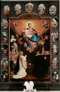 Jungfru med barn och radbandets mysterier - Målning av Bernardo Castello (1557-1629) (mitten) och Paolo Gerolamo Piola (1666-1724) Santa Margherita Ligure, Santa Margherita-kyrkan, Italien