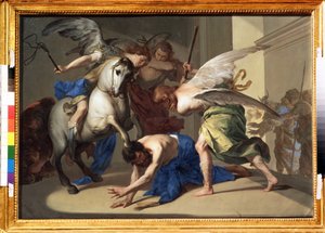 ""Utvisningen av Heliodorus från templet"" (Utvisningen av Heliodorus från templet) Heliodorus (Heliodoros) utvisas från templet för att ha försökt, på order av sin suverän, att beslagta skatterna i Jerusalems tempel. Målning av Bernardo Cavallino