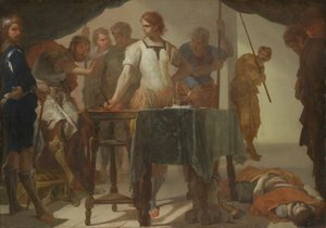 Mucius Scaevola i konfrontation med kung Porsenna av Bernardo Cavallino