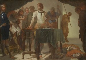 Mucius Scaevola konfronterar kung Porsenna av Bernardo Cavallino