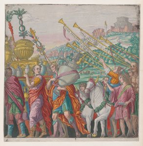 Blad 4: Män som bär troféer till vänster, trumpetare till höger, från The Triumph of Julius Ca..., 1599.