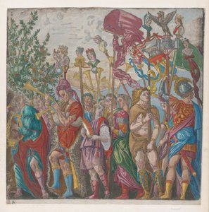 Blad 7: procession av musiker och andra som håller standarder, från The Triumph of Julius ..., 1599.