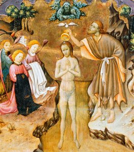 Kristi dop, detalj från predellan till en altartavla från Vic-katedralen, av Bernat Martorell (ca 1400-1452), målad på trä. Katalansk gotisk konst.
