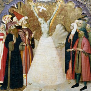 Den heliga Eulalias martyrskap, detalj från predella i en altartavla från katedralen i Vic, av Bernat Martorell (ca 1400-1452), målad på trä. Katalansk gotisk konst.