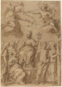 Ecclesia omgiven av änglar som håller i passionens instrument av Bernardo Strozzi