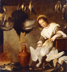 La Cuoca - En köksbiträde som plockar en gås i en interiör, av Bernardo Strozzi