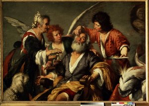 Helande av Tobit. På råd från ärkeängeln Rafael använder unge Tobias fiskens galla för att återställa synen för Tobias, hans far. Målning av Bernardo Strozzi (1581-1644). Olja på duk