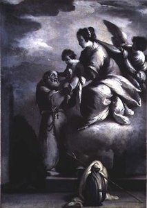 Jungfrun räcker fram Kristusbarnet till den välsignade Felix av Cantalice av Bernardo Strozzi