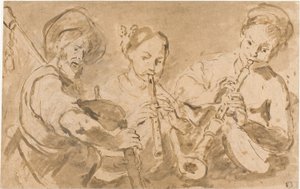 Tre musiker spelar horn och pipa av Bernardo Strozzi