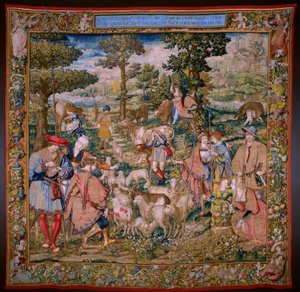 flamländsk gobeläng. Serie The Foundation of Rome: Faustulus möter Romulus och Remus. Serietecknaren Barend van Orley (?). Bryssel tillverkning. 1525-1530.