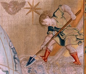 flamländsk gobeläng. Serien The Spheres. Hercules som stödjer himlaklotet (Hércules sostiene la esfera celeste). Första gobeläng i serien. Modell Barend van Orley eller Pieter Coecke van Aelst. 1525-1530. Tillverkning Joris Vezeleer (Georg Wezeler)?, B