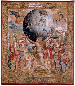 flamländsk gobeläng. Serien The Spheres. Hercules som stödjer himlaklotet (Hércules sostiene la esfera celeste). Första gobelängen i serien. Modell Barend van Orley eller Pieter Coecke van Aelst. 1525-1530. Tillverkning Joris Vezeleer (Georg Wezeler)?, B