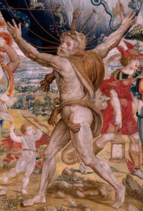 flamländsk gobeläng. Serien The Spheres. Hercules som stödjer himlaklotet (Hércules sostiene la esfera celeste). Första gobeläng i serien. Modell Barend van Orley eller Pieter Coecke van Aelst. 1525-1530. Tillverkning Joris Vezeleer (Georg Wezeler)?,