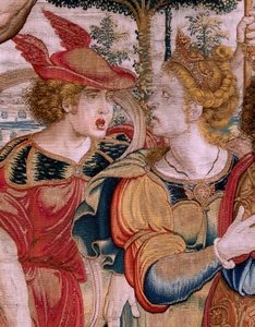 flamländsk gobeläng. Serien The Spheres. Hercules som stödjer himlaklotet (Hércules sostiene la esfera celeste). Första gobelängen i serien. Modell Barend van Orley eller Pieter Coecke van Aelst. 1525-1530. Tillverkning Joris Vezeleer (Georg Wezeler)?,