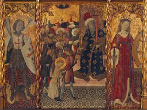Sankt Mikael och Sankta Katarina, inramning av martyrskapet av Sankta Eulalia av Barcelona (289-304) - Målning av Bernat Martorell (1390–1452), tempera på trä (143,5x188 cm), cirka 1442–1445 - Sankt Mikael, Sankt Martyrskap Eulalia och Saint Catherine, Tem