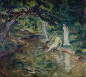 Par som badar i skogen (olja på duk)