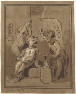 Tre putti vid ett städ av Bernhard Schreuder