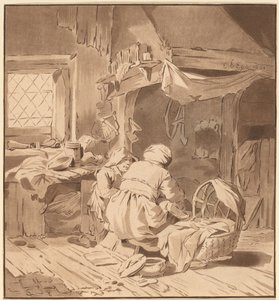 Interiör av ett bondehus med två kvinnor, 1772, publicerat 1787. av Bernhard Schreuder