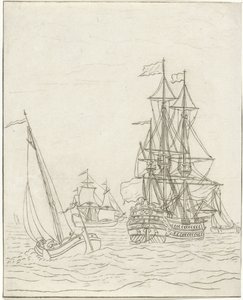 Ett krigsfartyg och tre segelfartyg på öppet hav