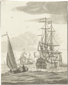 Ett krigsfartyg och tre segelfartyg på öppet hav