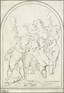 Fem putti vid en vas med vinrankor