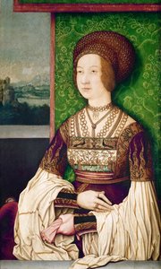 Familj av kejsar Maximilian I: porträtt av kejsarinnan Bianca Maria (Blanche-Marie) Sforza (1472-1510)"" - Porträtt av Bianca Maria Sforza (1472-1510), den andra frun till Maximilian I, den helige romerska kejsaren av Strigel, Bernhard (ca 1460-1528) (elle