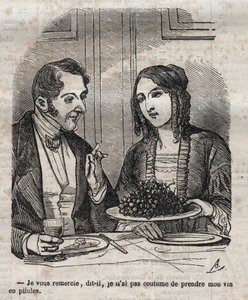 Tack, jag är inte van att ta mitt vin i piller (druva) - gravering i "La Physiologie du gout"" av Jean Anthelme Brillat Savarin (Brillat-Savarin)