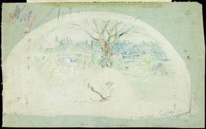 Fläkt föreställande Bougival, 1884 (olja, penna och wc på siden) av Berthe Morisot