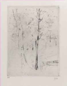 Landskapsträdstammar nära en flod, 1888. av Berthe Morisot