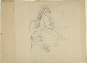Ung flicka sittande vid ett bord av Berthe Morisot
