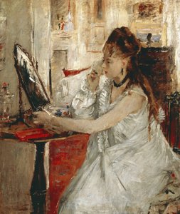 Ung kvinna som pudrar hennes ansikte (olja på duk av Berthe Morisot