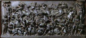 Battle between Romans and Barbarians (brons) - Battle of the Romans and Barbarians (Slaget om ryttarna). Bronsreliefstrumpor tillverkade av Bertoldo di Giovanni (1420-1491)