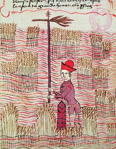 Ms 327 fol.197r Surveyor in a field, från Traite dArpentage av Arnaud de Villeneuve (1240-1312)
