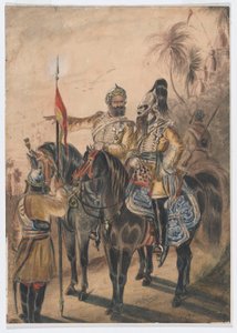Två beridna officerare och en avmonterad sowar, 4th Bengal Irregular Cavalry, ca 1850 (akvarell) av Bethune Donald Grant