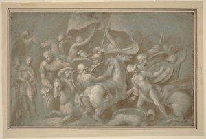 Battle Scene (pensel och brun lavering med vit gouache över svart krita på blått papper)